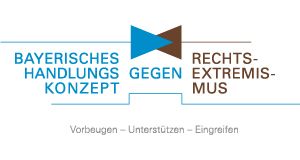 Zwei überlappende Pfeile in blau und braun symbolisieren das Bayerische Handlungskonzept gegen Rechtsextremismus