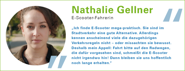 Portrait und Zitat Nathalie Gellner, E-Scooter-Fahrerin